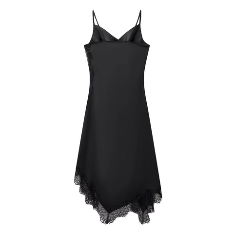 Black Satin Lace Trim Camisole Maxi Dress Sleeveless V Neck Elegant Evening Party Slim Fit Women