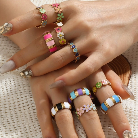 Enamel Flower Stainless Steel Ring 18K Gold Plated Adjustable Open Finger Ring Bohemia Retro Fashion For Women