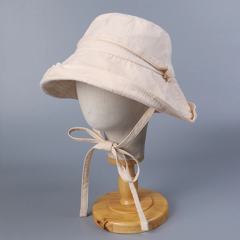 Bucket Hat Women Cotton Wide Brim Sun Hat With Straps Foldable Summer Beach Travel Solid Color Fashion