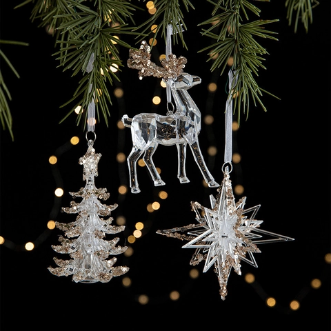 Christmas Tree Hanging Ornaments Acrylic Transparent Gold Glitter Snowflake Deer Star Bell Holiday Party Home Decor