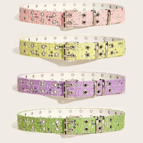 Ceinture En Denim Avec Rivets Étoiles Et Paillettes Boucle À Double Ardillon Style Punk Y2K Mode Femme