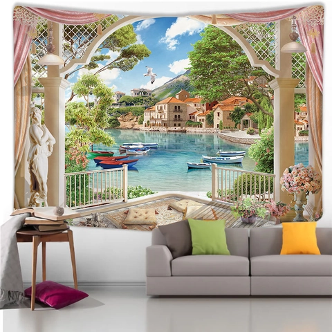 Tapiz De Pared Paisaje Poliéster 3D Escenario Jardín Europeo Castillo Vista Al Mar Hogar Sala De Estar Dormitorio Decoración Arte