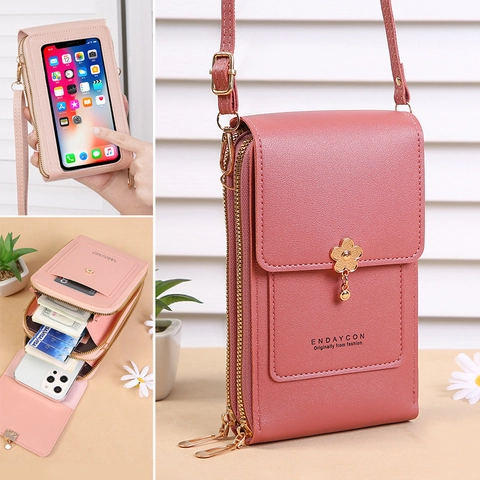 Women Touch Screen Mobile Phone Bag PU Leather Crossbody Shoulder Purse Multi Compartment Wallet Card Holder Floral