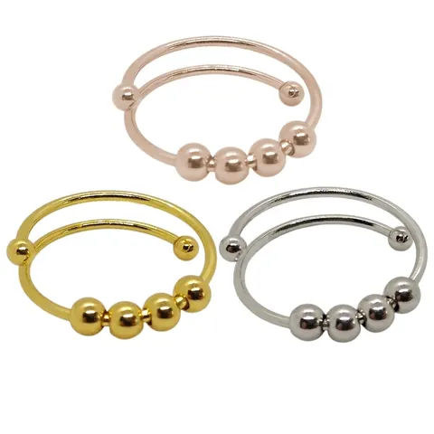 Anxiety Fidget Ring Rotatable Beads Stress Relief Adjustable Open Jewelry Stainless Steel And Copper Minimalist Women