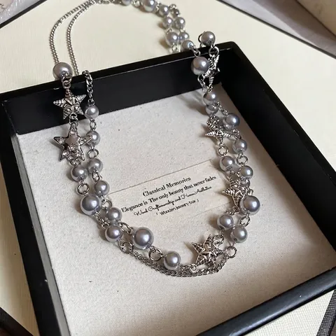Collar De Doble Capa Con Colgantes De Estrellas Imitación Perla Artificial Aleación Vidrio Diamantes De Imitación Cadena Larga Joyería De Moda Mujer