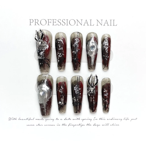 Handgemachte Press On Nails Dunkle Gothik Rot Schwarz Ombre 3D Metall Hase Liquid Metal Lange Sargform Punk Y2K Stil