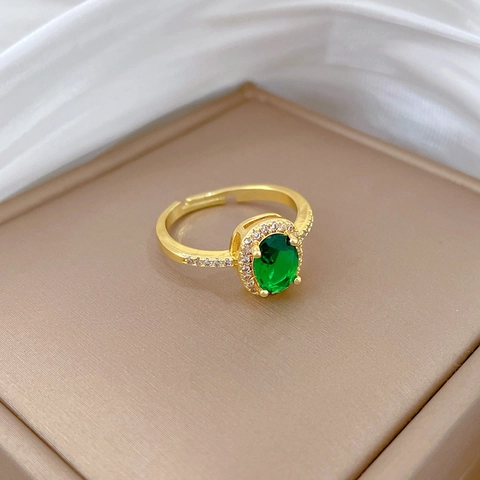 Anello Aperto Regolabile Halo In Zircone Verde Ovale Vintage Ottone Placcato Oro Gioielli Eleganti Regalo Per Donne