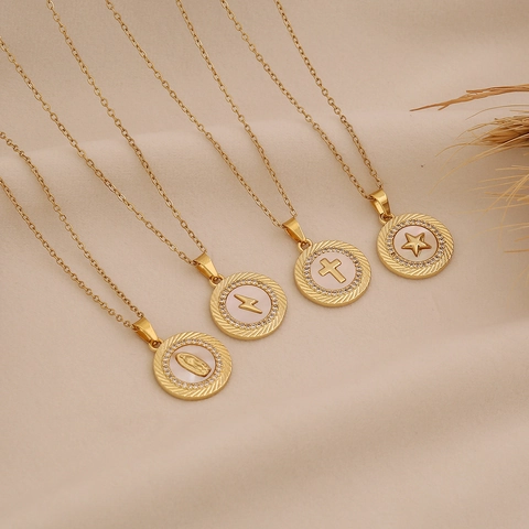 Collana Con Ciondolo A Moneta Rotonda Rame Placcato Oro 18K Madreperla Cuore Croce Stella Gioielli Per Donna
