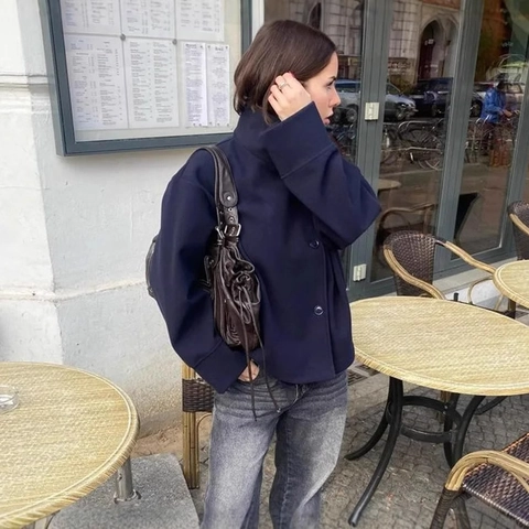 Damen Kurz Wolljacke Stehkragen Einreihig Einfarbig Lässig Elegant Oberbekleidung Mode Streetwear Mantel