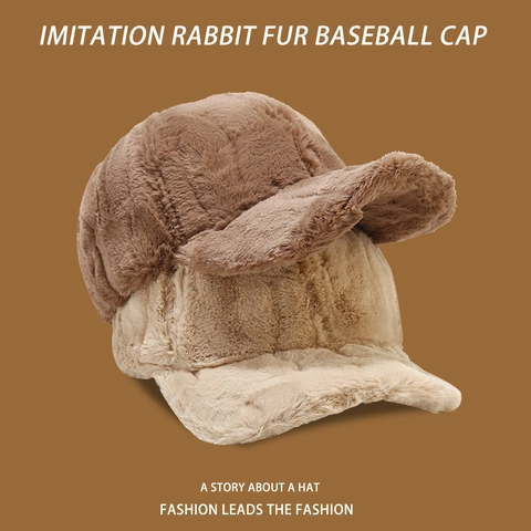 Casquette de Baseball en Peluche Épaissie Hiver pour Hommes Femmes Chaud en Fausse Fourrure de Lapin Couleur Unie Souple
