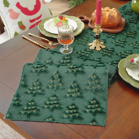 Chemin De Table De Noël Peluche Velours Vert Avec Broderie Dorée Sapin De Noël Étoile Décoration De Table