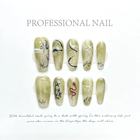 Uñas Postizas Forma De Ataúd Mármol Tinta Verde Hoja De Bambú Relieve Serpiente Roja Estilo Chino Retro Parches De Uñas