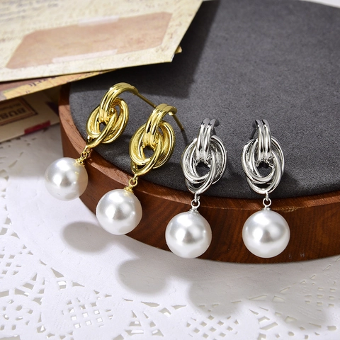 Boucles d'Oreilles Cercle Torsadé en Cuivre Style Coréen Avec Perle Artificielle Élégantes Boucles d'Oreilles Pendantes Femme