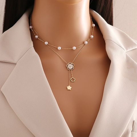 Stainless Steel Double Layer Necklace With Artificial Pearls And Heart Flower Clover Pendants Gold Plated Clavicle Chain For Women