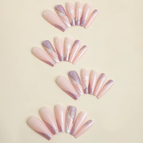 Weihnachts Kunstnägel Coffin Lang Rosa Schneeflocken Glitzer Gradient Französischer Stil Für Frauen Falsche Nägel