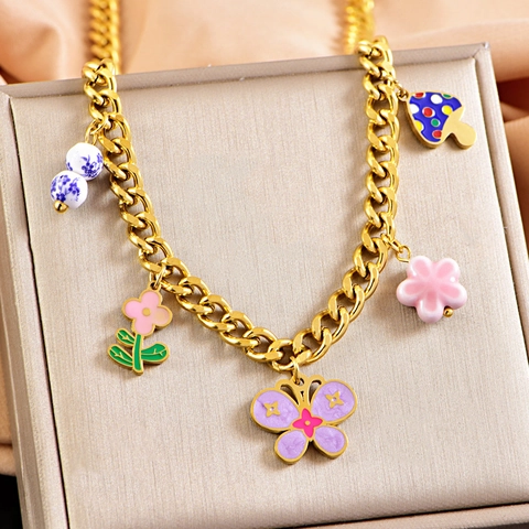 Stainless Steel Butterfly Flower Mushroom Jewelry Including Necklace Bracelet Earrings Colorful Enamel Porcelain Style Women