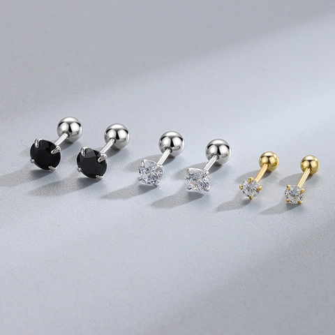 Four Prong Cubic Zirconia Stud Earrings With 925 Sterling Silver Earring Post Screw Back Anti Loss Ball Closure