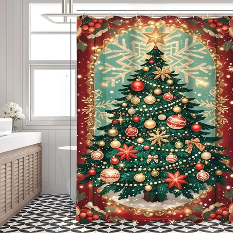 Christmas Tree Shower Curtain Waterproof Polyester 3D Digital Print Winter Sunset Red Rose Bathroom Decor With Hooks