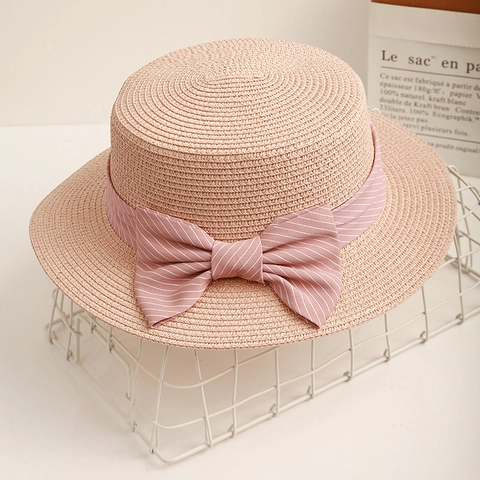 Cappello Di Paglia Boater Da Donna Cupola Piatta Protezione Solare Tesa Larga Fiocco A Righe Retro Francese Vacanze Mare