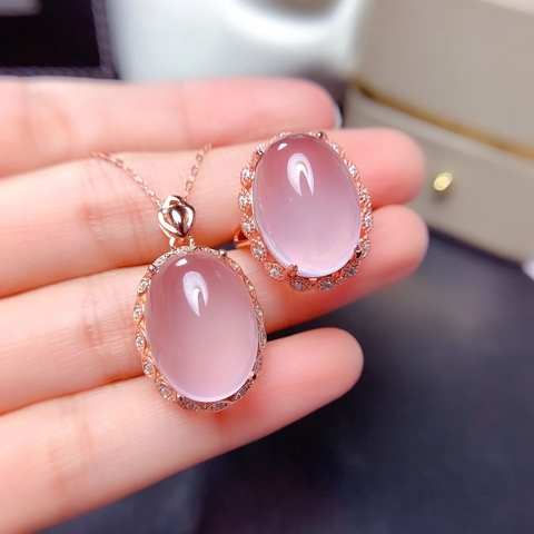 Rose Gold Plated Copper Pink Rose Quartz Oval Ring Pendant Necklace Jewelry For Women Rhinestone Halo Adjustable