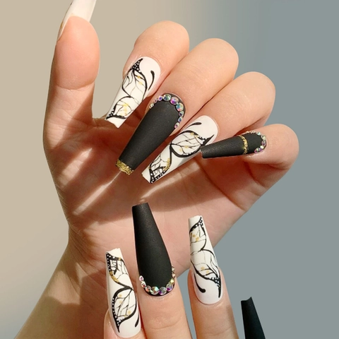 Lange Coffin Press On Nagels Mat Zwart Vlinderpatroon Strass Artistieke Kunstnagels Manicure Accessoires