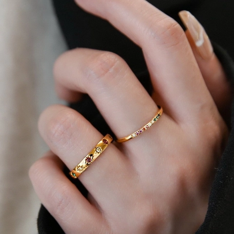 Regenbogen Zirkon Stern Ring 18K Vergoldet Edelstahl Minimalistisch Stapelbar Schmuck Für Frauen