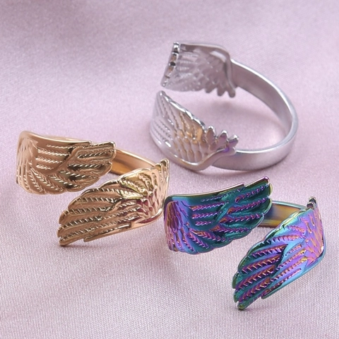 Anillos De Alas De Ángel De Acero Inoxidable Abiertos Ajustables Textura Pluma Joyería De Moda Vintage Para Mujeres Hombres