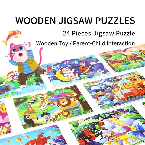 Wooden Jigsaw Puzzle Educational Cognitive Learning Cartoon Animal Vehicle Toy For Toddlers Kids Preschool