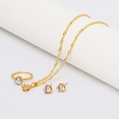 Classic Solitaire Zircon Jewelry Collection Alloy Necklace Ring Stud Earrings Elegant Minimalist Six Claw Setting Women
