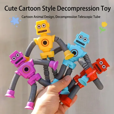 Telescopic Pop Tubes Toy Suction Cup Robot Giraffe Astronaut Shape LED Light Up Stress Relief Sensory Play For Kids