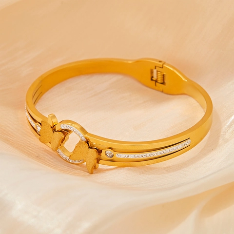 Schmetterling Armreif Edelstahl Schmuck Für Frauen Doppel Schmetterling Strass Geometrisch Feder Schnalle Einfache Eleganz