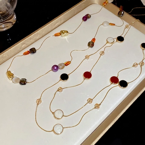 Collier Long À Perles Style Maillard Pour Femmes Résine Verre Double Couche Chaîne De Pull Dorée