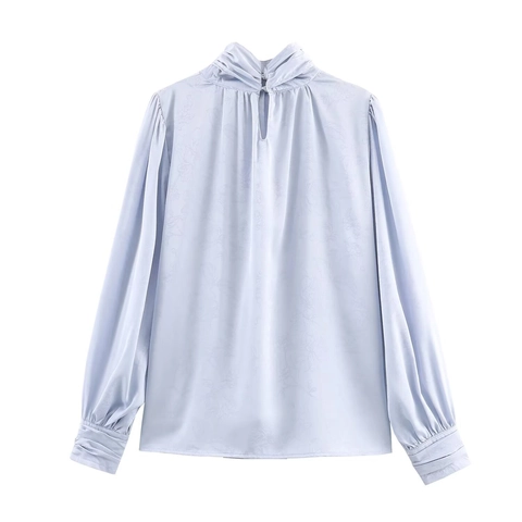 Women Elegant Jacquard Satin Blouse Long Sleeve Bow Tie Neck Puff Sleeve Solid Color Office Shirt