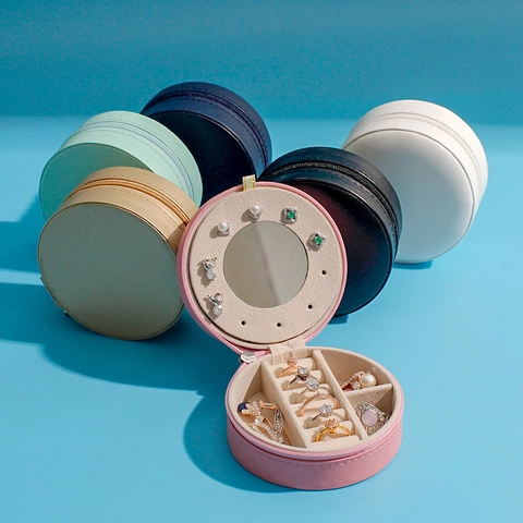 Mini Round Jewelry Box Portable Travel Case PU Leather With Mirror For Rings Earrings Organizer Small Jewelry Storage