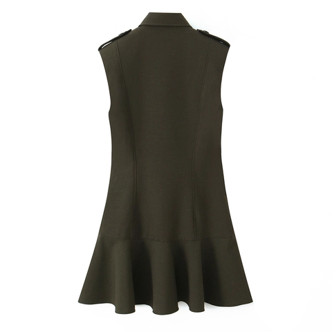 Mouwloze Mini Jurk Militaire Stijl Dames Dubbele Knoopsgat Revers Schouderstukken Ruffle Zoom Legergroen Mode