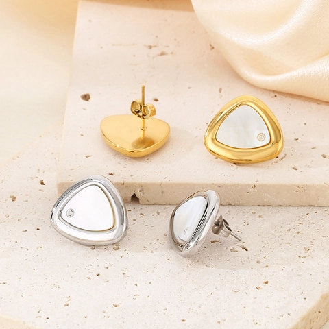 Dreieckige Geometrische Steckerohrringe Edelstahl Perlmutt Muschel Zirkonia Eingelegt Minimalistischer Schmuck Damen