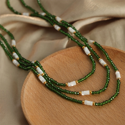 Green Natural Stone Beaded Necklace With Freshwater Pearl And White Jade Handmade Titanium Steel Vintage Jewelry For Women