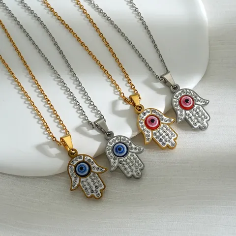 Collana Mano Di Hamsa Occhio Del Diavolo Acciaio Inossidabile Placcato Oro 18K Strass Stile Etnico Gioielli Amuleto Donna