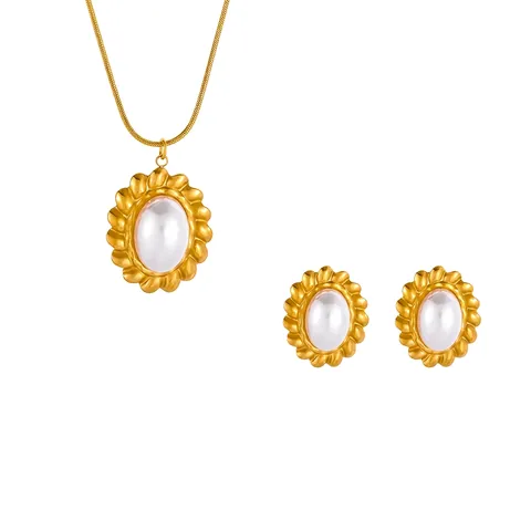 Collana E Orecchini Con Perla Artificial Ovale Vintage Acciaio Inossidabile Bordo Intrecciato Catena Serpente Gioielli Da Donna
