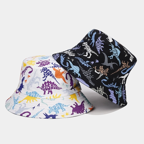 Bucket Hat Cotton Sun Protection Outdoor Cartoon Print Dinosaur Halloween Fisherman Cap Unisex Casual Foldable