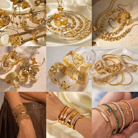 Bracciale Rigido In Acciaio Inossidabile Donna Placcato Oro 18K Zircone Farfalla Fiore Perla Artificial Impermeabile Gioielli