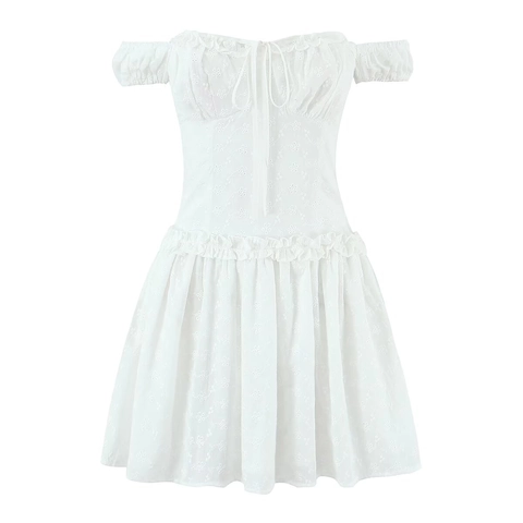 Mini-Kleid Damen 100% Baumwolle Lochstickerei Schulterfrei Rüschen Sexy Französischer Stil A-Linie Sommer