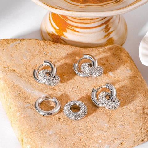 Dubbele Hoop Oorbellen Roestvrij Staal 18K Verguld Strass Afneembaar Geometrisch Ins Stijl Voor Dames