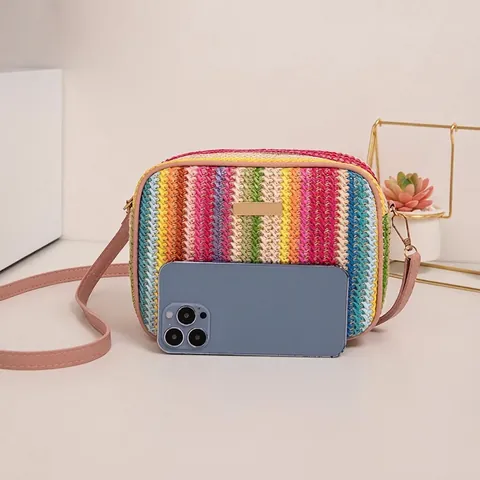 Women Crossbody Bag Straw Woven Rainbow Stripe Camera Bag Summer Beach Casual Ethnic Style Small Square Purse