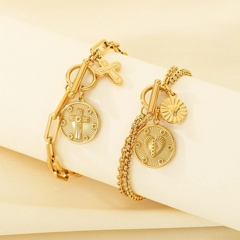 Bracelet En Acier Inoxydable Coeur Croix Charme Multi Couches Chaîne Trombone Fermoir À Bascule OT Bijoux Femme