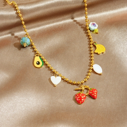 Schattige Fruit Hanger Ketting Roestvrij Staal Emaille Aardbei Banaan Avocado Gouden Kraaltjesketting Mode Sieraden Dames
