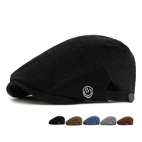 Vintage Corduroy Flat Cap For Men Women Retro British Style Newsboy Beret Hat With Smile Embroidery Adjustable