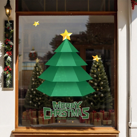 Pegatina Ventana Árbol Navidad PVC Estática Color Doble Cara Geométrica Decoración Cristal Puerta Tienda