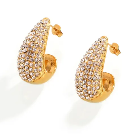 Pendientes De Botón Gota De Agua Acero Inoxidable Titanio Cristales Checos Pavé Forma C Retro Elegante Para Mujeres