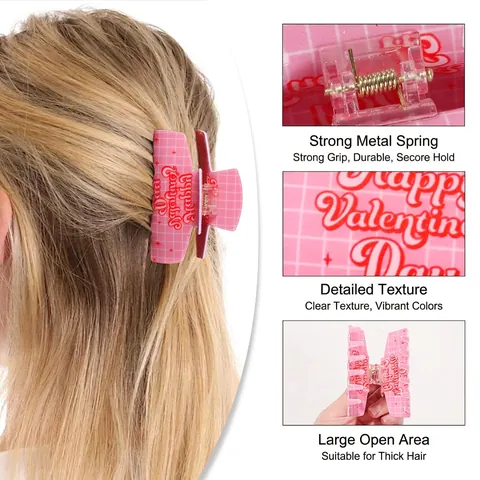 Valentine Herz Muster Haarklammern Acryl Große Haarkrebs Rutschfest Karo Haaraccessoires Für Frauen